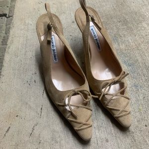 Manolo light tan suede sling back